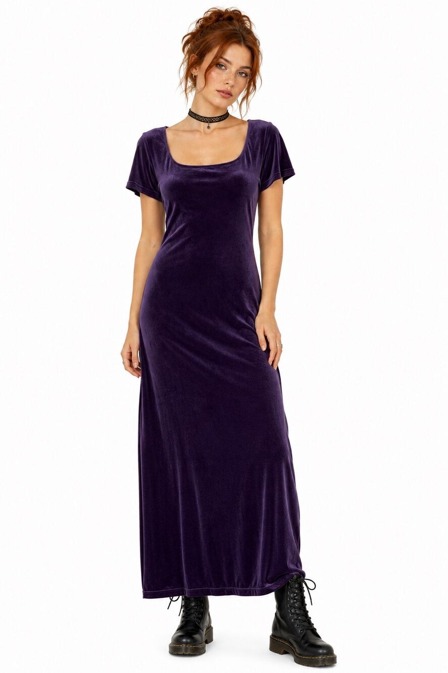 Vintage Y2K JSC Purple Velvet Scoop Neck Short Sleeve Maxi Dress w/ Side Slit